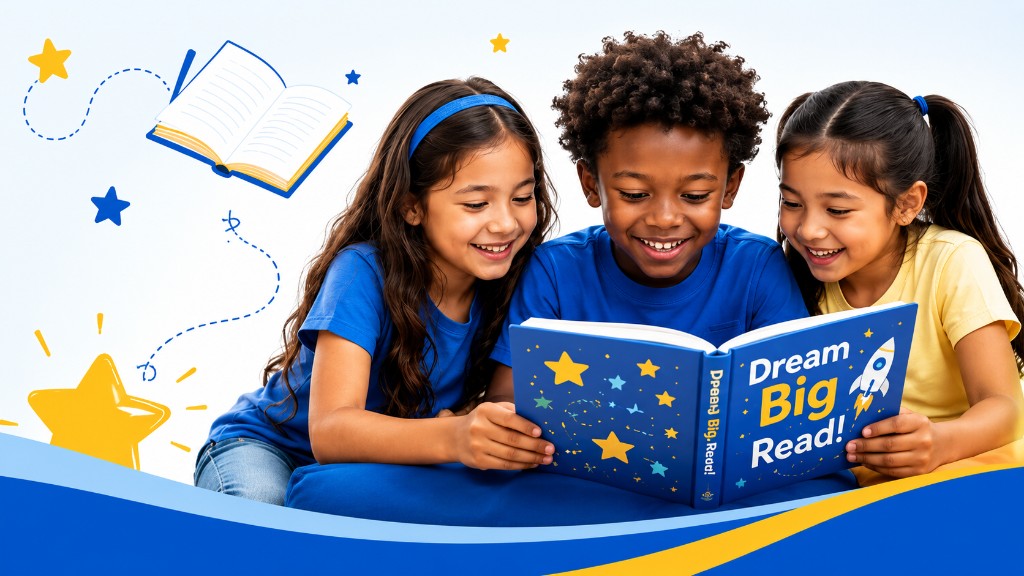 Children reading together with the message Dream Big Read!