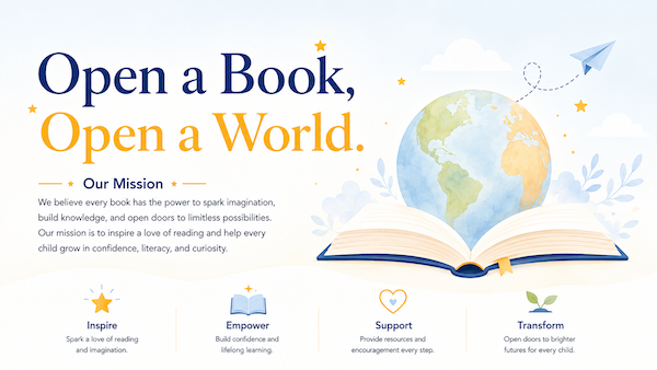 Open a Book, Open a World — Our mission is to inspire a love of reading and help every child grow in confidence, literacy, and curiosity